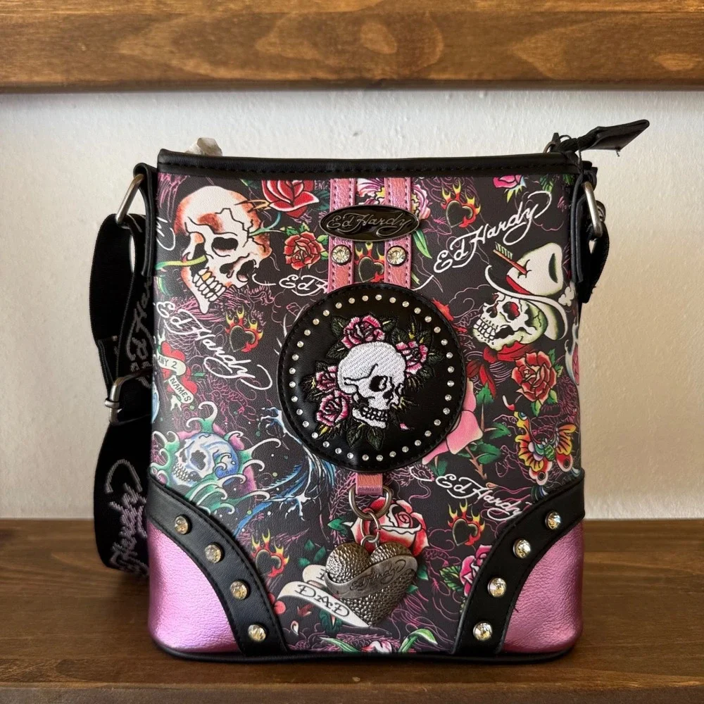 Ed Hardy Skull Roses‎ Tattoo Crossbody Bag Studded Y2K Purse NWT Metallic Pink